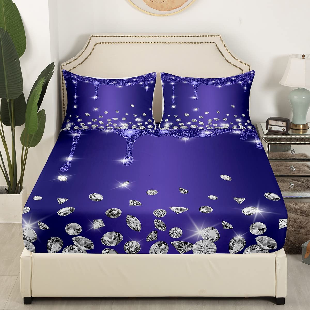 Juego de sábanas de diamantes con purpurina para niños y niñas, sábana bajera ajustable brillante para niños, mujeres y hombres, textura de lujo suave, colorido y moderno, juego de ropa de cama para