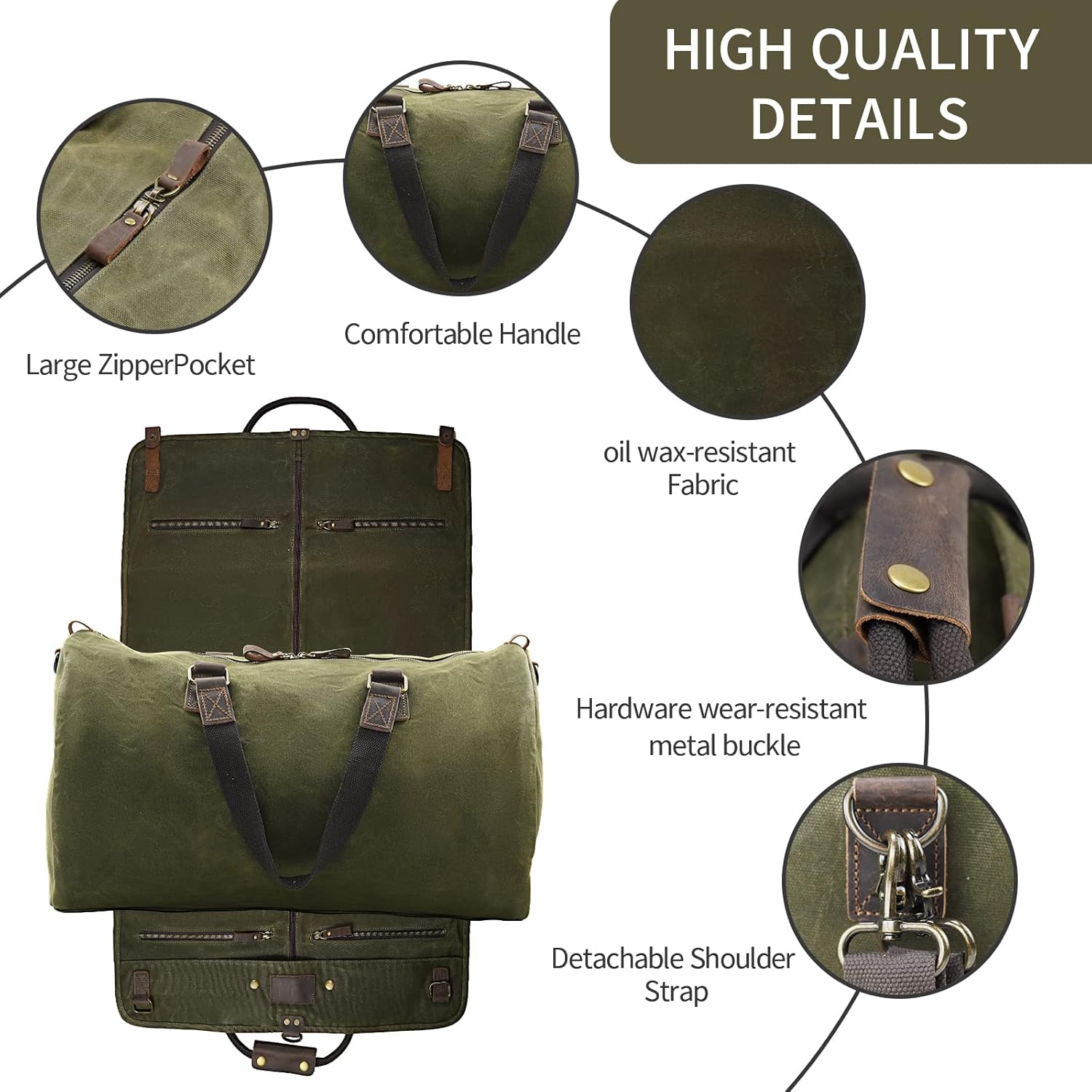 review 2 in 1 Waxed/Canvas Leather Suit Luggage Garment Bag with Shoulder Strap for Travel and Business Trips (Arm Green)