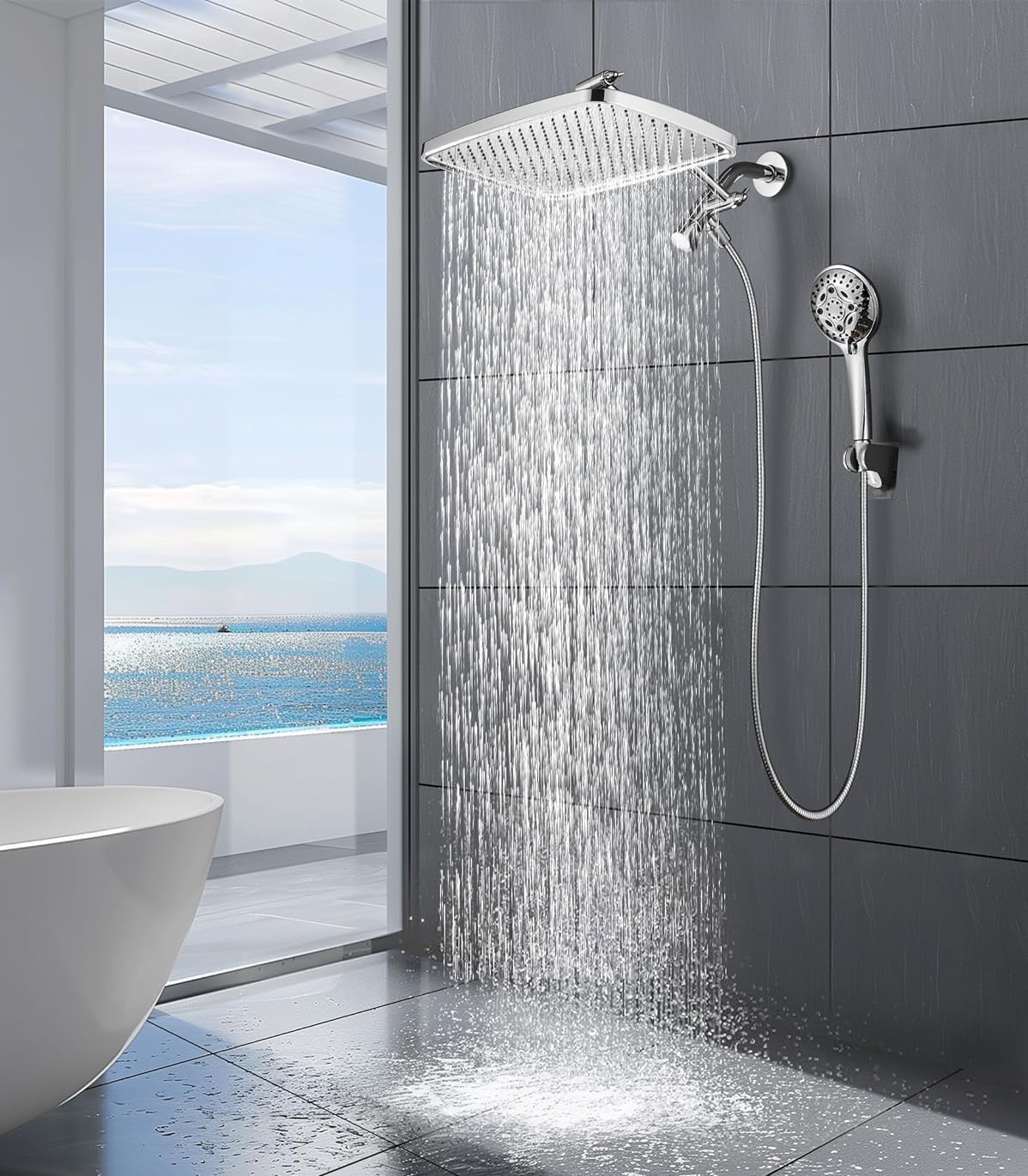 JINYOMFLY Shower Head Rain Shower 12 Inch High Pressure Water-Saving 360° Adjustable Rain Shower Head Rectangular Waterfall Shower Head Chrome