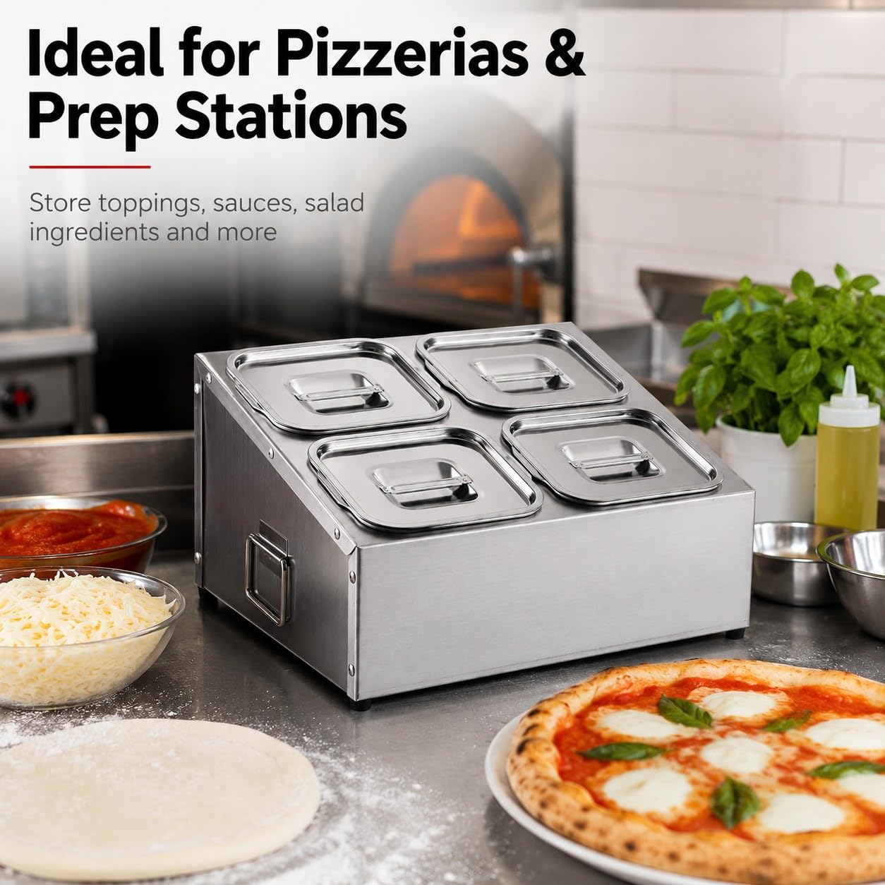 Porta Ingredienti Pizza in Acciaio Inox con Coperchio – Contenitore per Condimenti Refrigerato, Vaschette Gastronom Modulari 4 Scomparti, per Pizzeria e Preparazione Ingredienti
