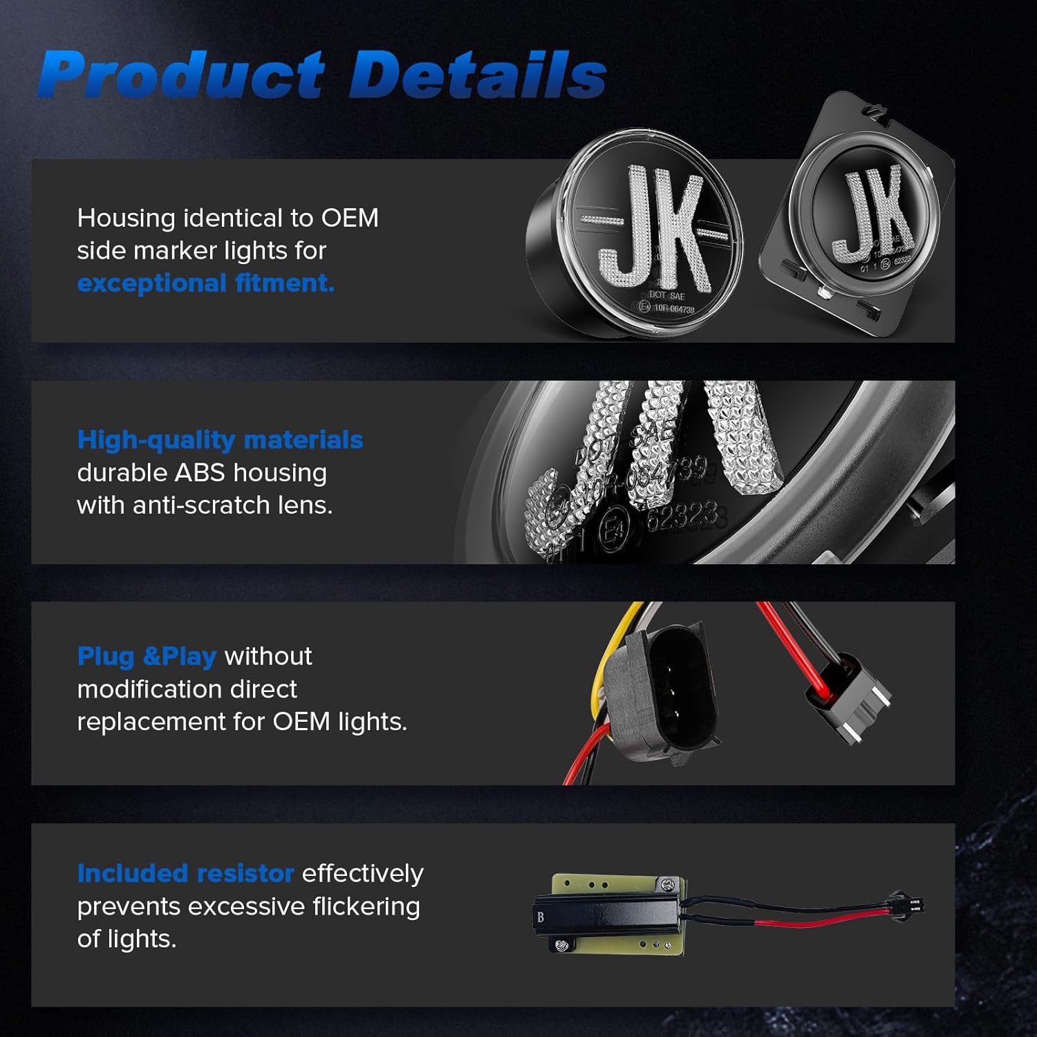 LED Turn Signal Side Marker Light Combo Kit Compatible with 2007-2018 Wrangler JK JKU, Amber Turn Signals, White Parking Lights Fender Side Marker Lamps, Clear Len