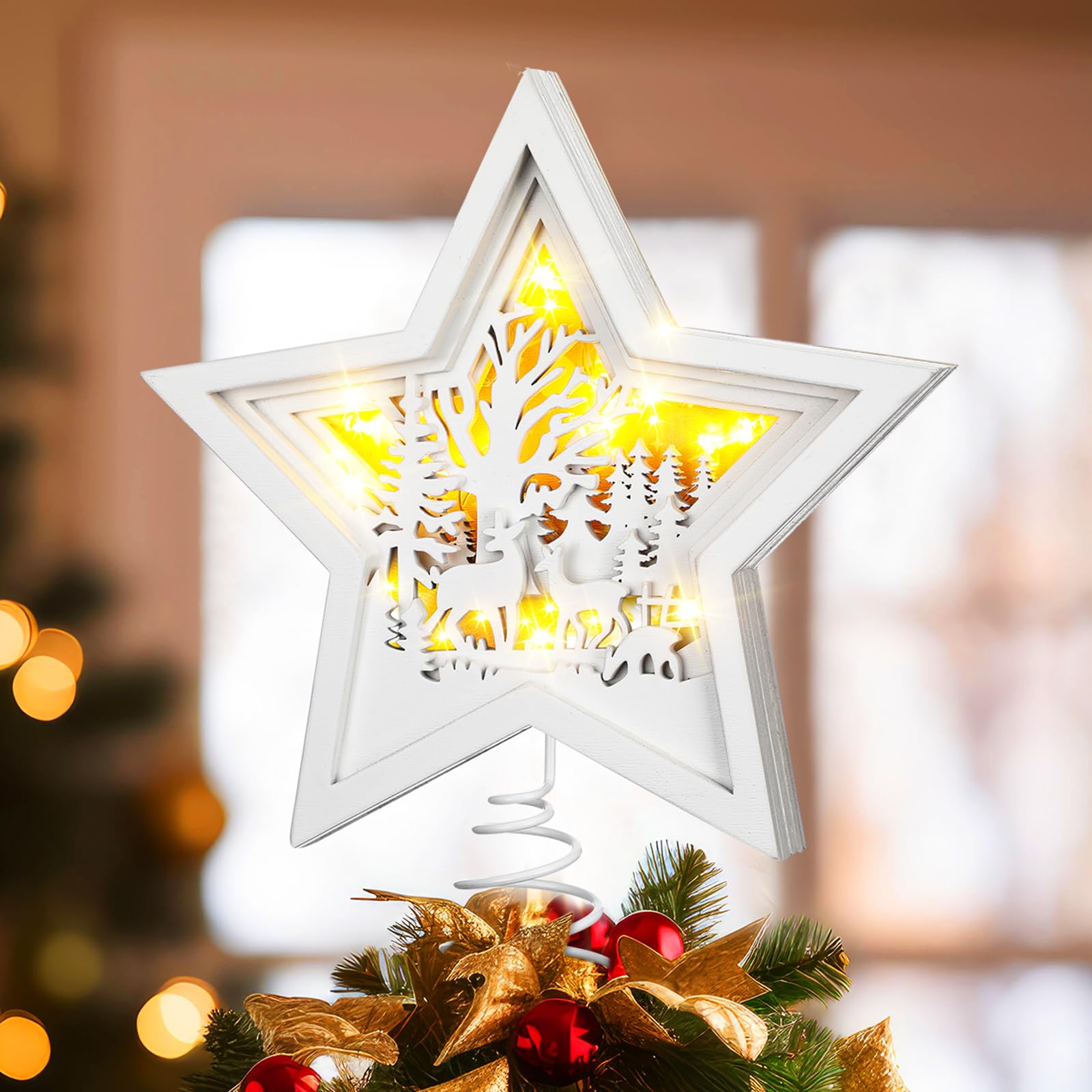 Beeveer Christmas Reindeer Tree Topper Lighted Wooden Rustic Star Wonderland Tree Decor White Hollow Star Deer Forest LED 3D Christmas Ornament for Winter Christmas Tree Decoration, 10 x 8.7 Inch