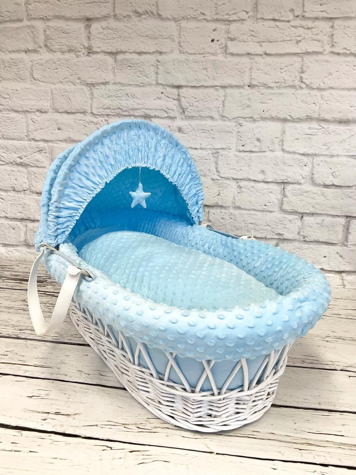 Luxury Moses Basket Padded White Wicker with handles Baby Full Set - Blue Dimple