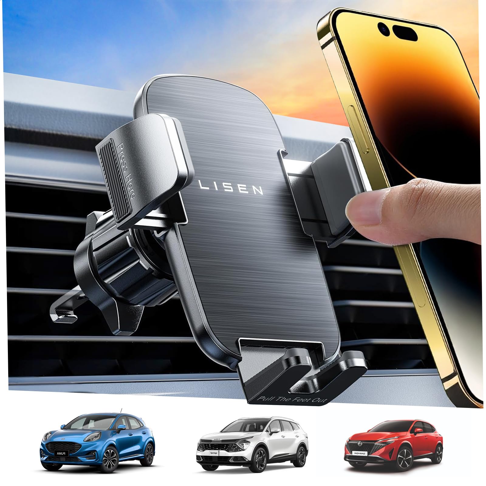 LISEN Car Phone Holder for Cars, Mobile Phone Holder Cars Air Vent, [Ultra Stable] Car Accessories Phone Mount Installation Equipment Best for iPhone 17 16 Pro Max Air Galaxy A55, All 4''-7''phones