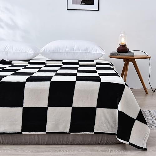 Miniatura 3 de Vessia Manta de franela de forro polar con patrón de tablero de ajedrez, manta a cuadros en blanco y negro de 300 GSM para adultos y niños, manta de