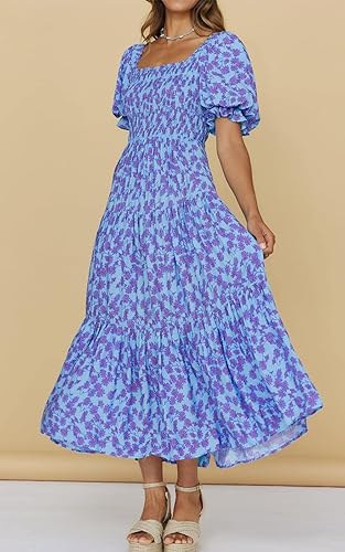 Miniatura 4 de PRETTYGARDEN Vestidos de verano con estampado floral bohemio para mujer, cuello cuadrado, manga abombada, acampanado, vestido largo casual fruncido