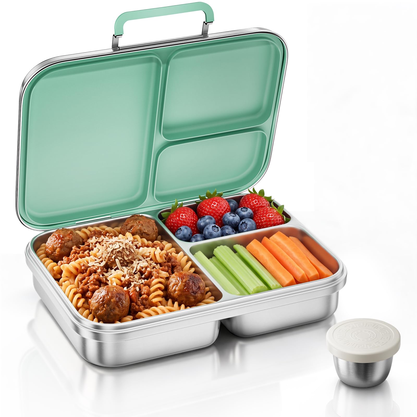 G.a HOMEFAVOR 1100 ml Fiambrera Bento de Acero Inoxidable para Niños, Caja de Bento Hermética con 3 Compartimentos y Recipiente para Salsa, Verde