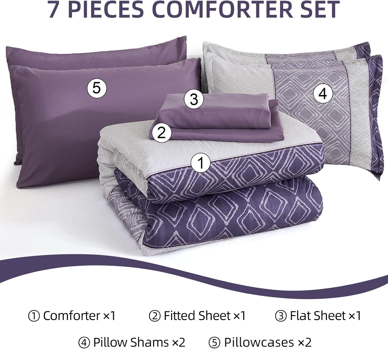 Dinjoy Boho Queen Comforter Set Purple,7 Piece Bed in a Bag Queen Size Breathable Summer Bedding Sets Plaid Striped Comforters Bed Set with Sheets for Family All Season - Image 4