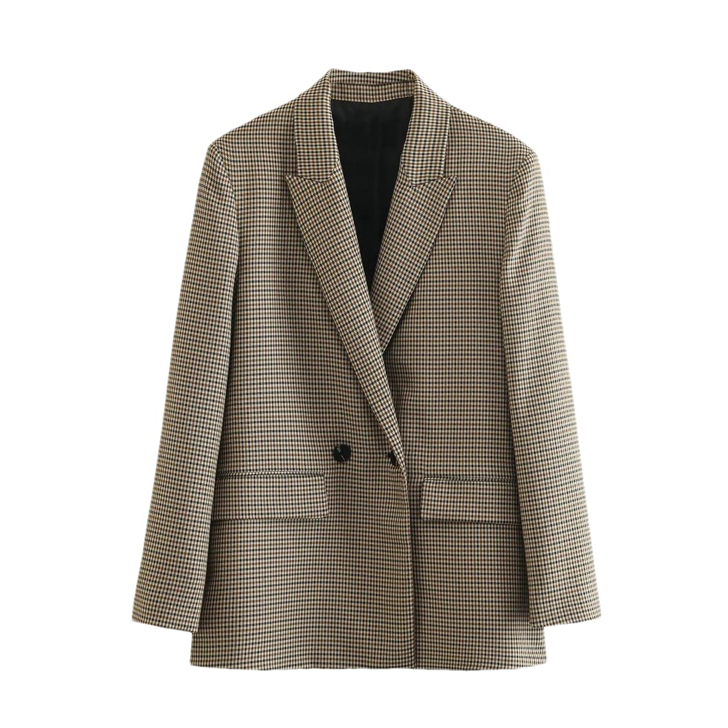 Women Double Breasted Notched Collar Plaid Blazer Coat Flap Pockets Outerwear