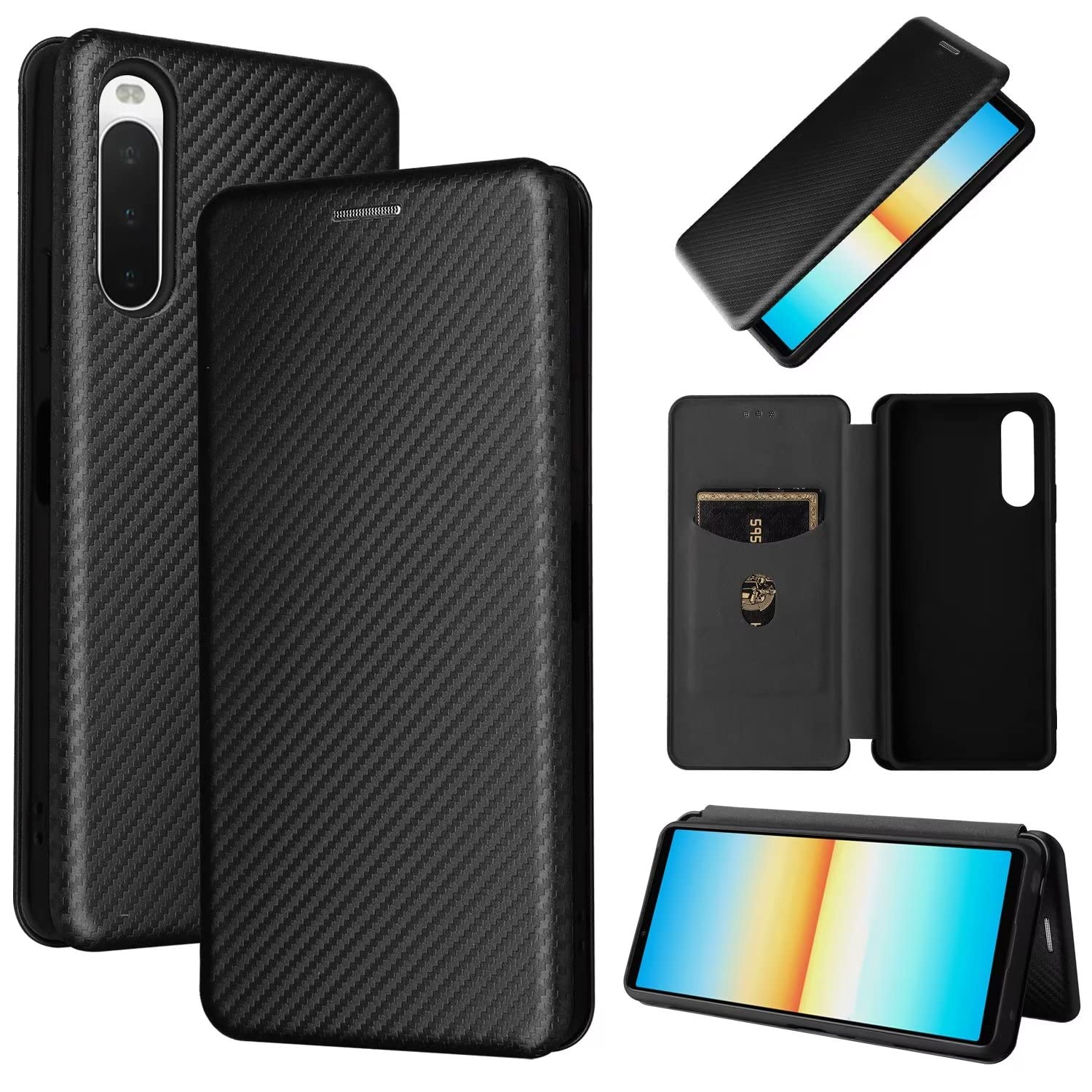ESONG Carbon Fibre Phone Case for Sony Xperia 10 IV,with Magnetic Closure and ID Card Holder Slot case,Scratch-Resistant Carbon Fibre PC + Shockproof TPU + Free Stand