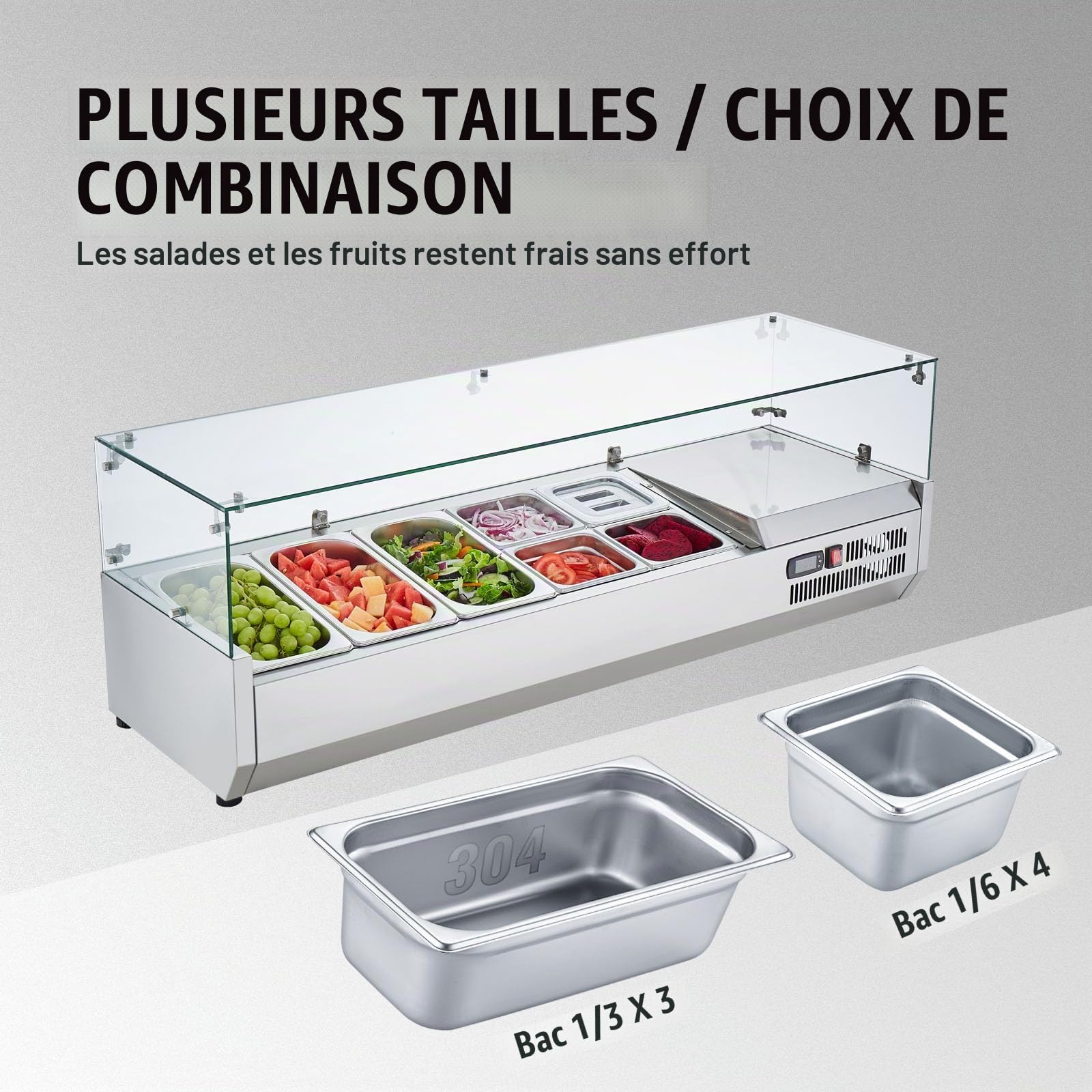 VEVOR Saladette Réfrigérée à Poser 150 W, Vitrine Réfrigérée pour Pizzeria, avec 3 1/3 Casseroles et 4 1/6 Casseroles, Corps en Inox 304 et Couvercle en PC, pour Préparation de Sandwich Ingrédients