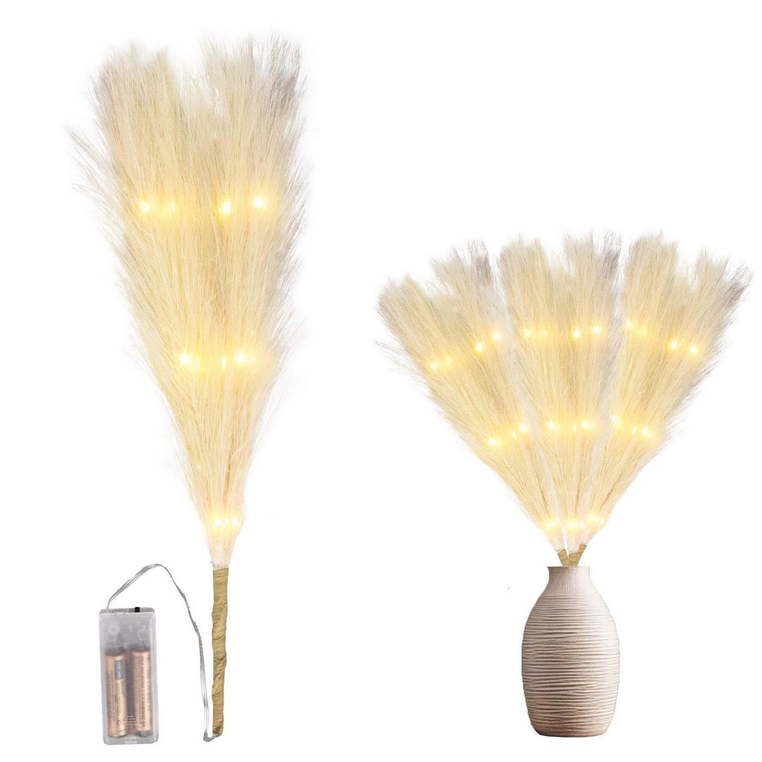 Shatchi Cream-45Cm 2Pcs - 45Cm Prelit Cream Pampas Grass Stem, Warm White Leds Battery-Operated Christmas Artificial Flowers For Boho Wedding Bedroom Living Room Decorations