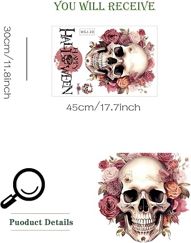Miniatura 5 de Calcomanías de pared de calavera de flores de Halloween, calcomanías de pared de arte de terror de Halloween, vinilo extraíble para Halloween,