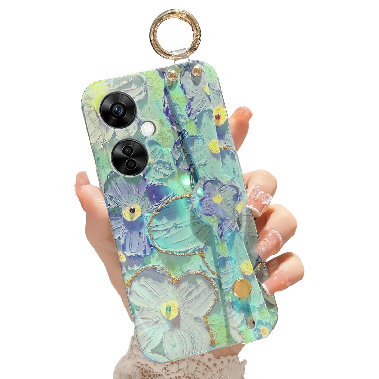 Annyojo for OnePlus Nord N30 5G Case for Elegant Flower Petals with Wrist Band Kickstand Ultra Slim IMD Soft TPU Shockproof Protection Holder Cover