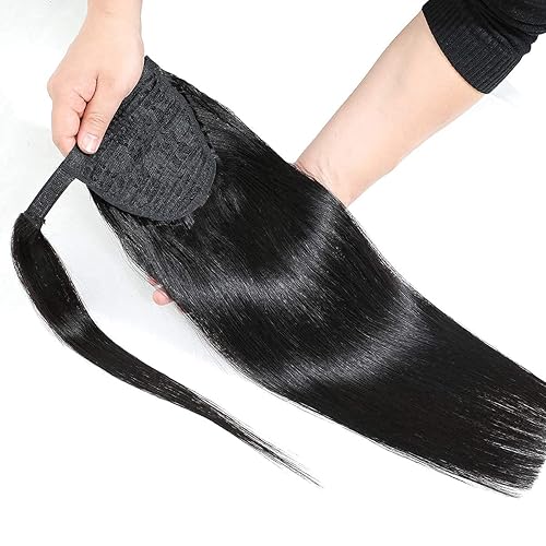 Miniatura 4 de Extensiones de cabello humano lacio con clip, 100% cabello brasileño sin procesar, correa mágica envolvente alrededor de colas de caballo, pasta
