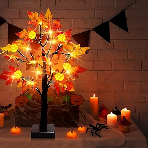 Miniatura 4 de Temporizador 24 pulgadas árbol de arce LED decoración de Acción de Gracias 24 luces funciona con pilas árbol de bellota de calabaza para decoración