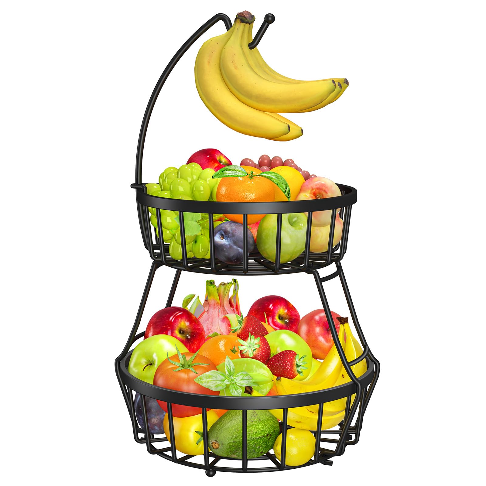 OrderlyGo Thicken Fruit Bowl Basket with Banana Hanger - Durable Detachable Kitchen Countertop Organizer for Fruits, Vegetables, Snacks, Metal Wire Countertop Storage Basket for Kitchen (Black)