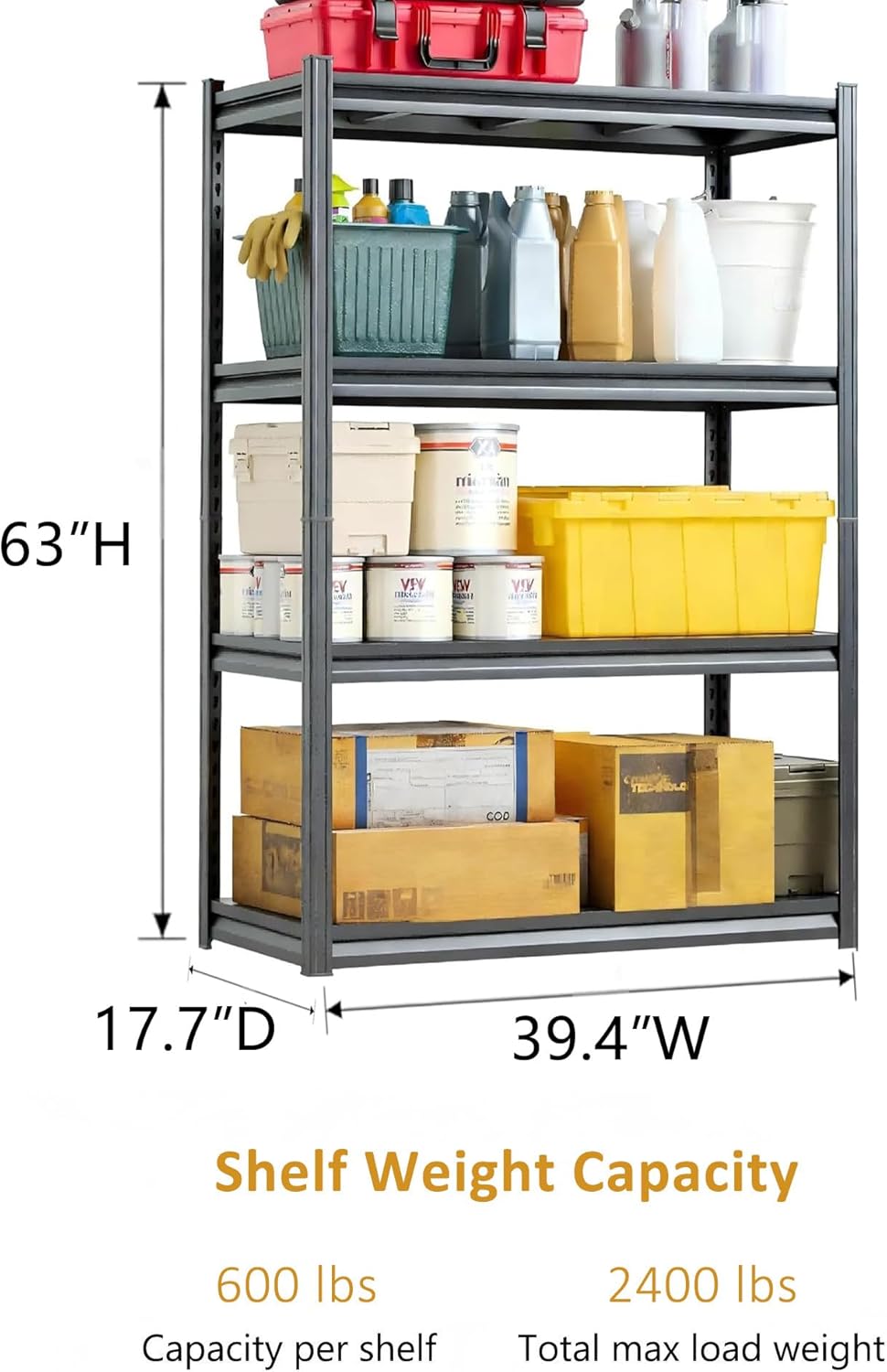 39" W Heavy Duty 4-Tier Adjustable Black Metal Garage Shelving Unit – Ideal for Garage, Basement, Pantry & Warehouse, Storage Shelves, 2400LBS, 18" D x 63" H, Black