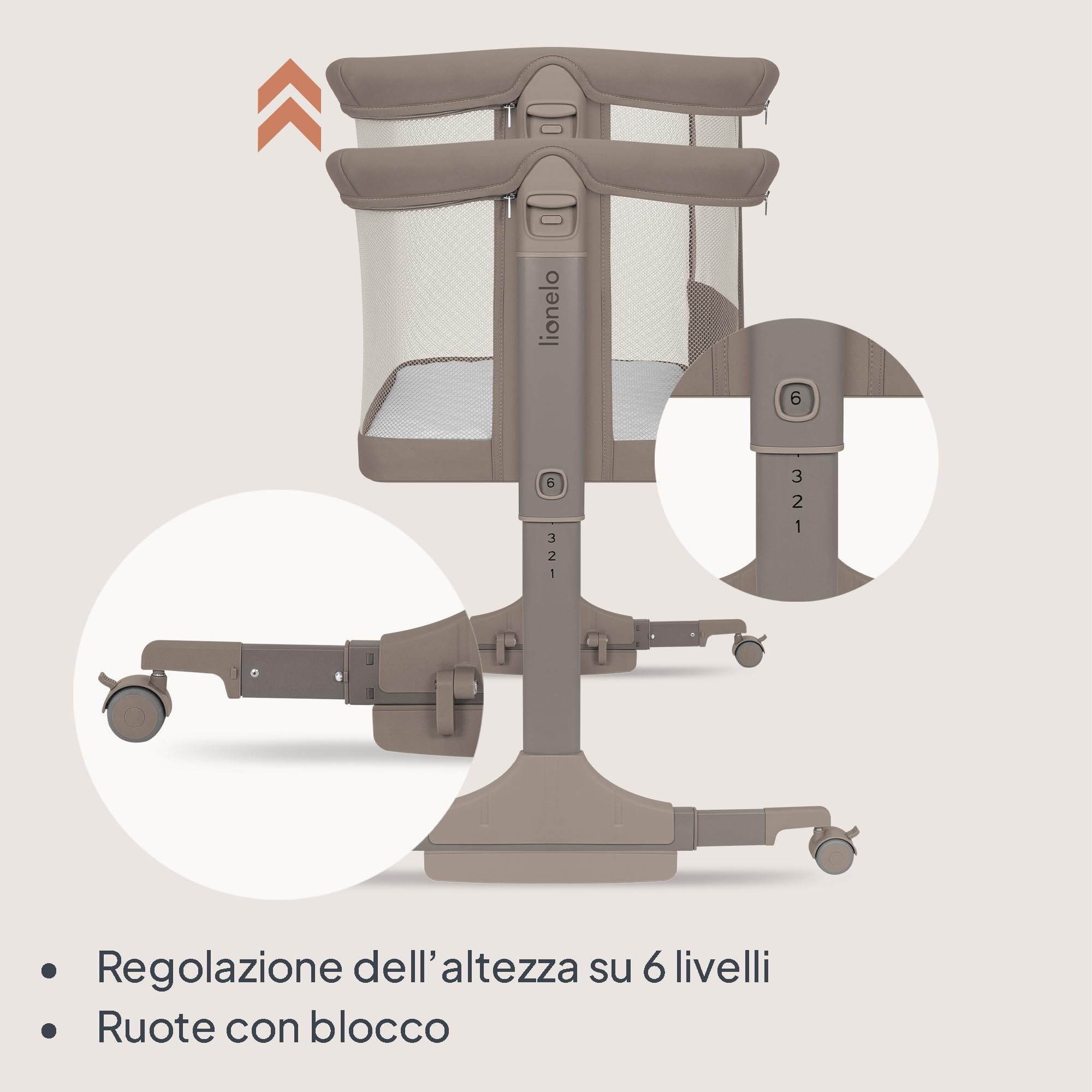 lionelo PARI Culla Co Sleeping Fianco Letto 3 in 1, Regolabile in Altezza 6 Livelli, Materasso T25 2 cm, Ruote con Blocco e Dondolo, Gambe Regolabili per Letto Continentale, Rivestimento Lavabile