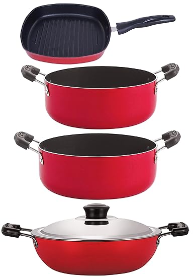 Nirlon 3 Layer Aluminium Non-Stick Coated Chemical Free Healthy Kitchenware Utensil Gift Item Set, 4 Pieces(DKD(B)_CS22_GP22.5_CS24)