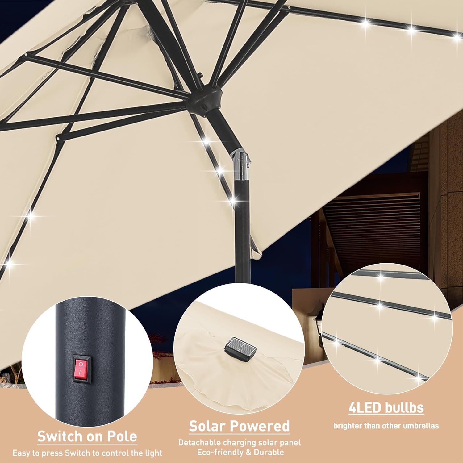 10ft Patio Umbrella with Crank&Tilt Outdoor Umbrella with Solar Lights for Garden, Pool and Deck-Khaki