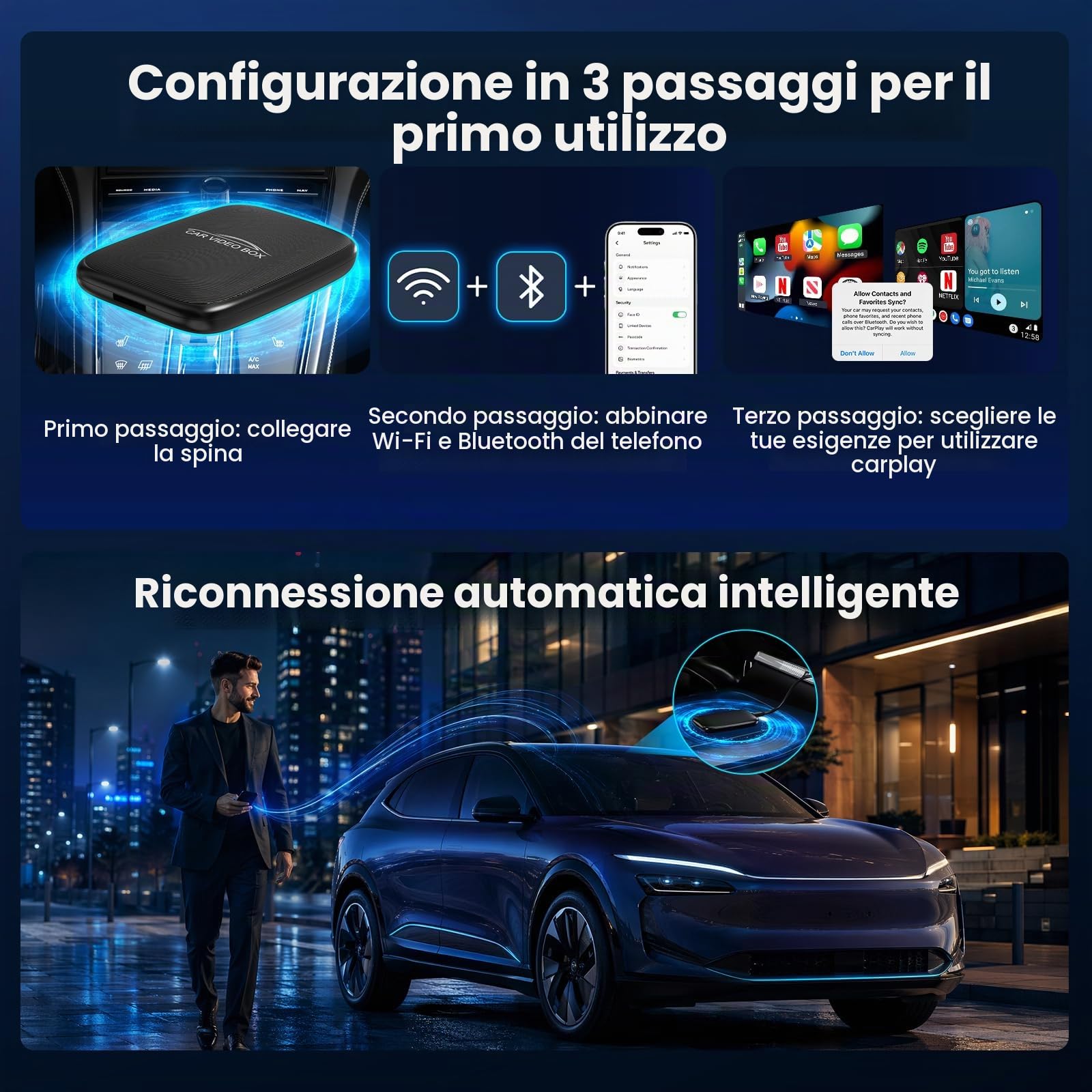 CarPlay AI Box 2026 Upgrade – Adattatore wireless Apple CarPlay & Android Auto, Magic Video Box con Netflix, Y schede TF, Plug-and-Play Car play Adapter per iOS 10+ / Android 11+
