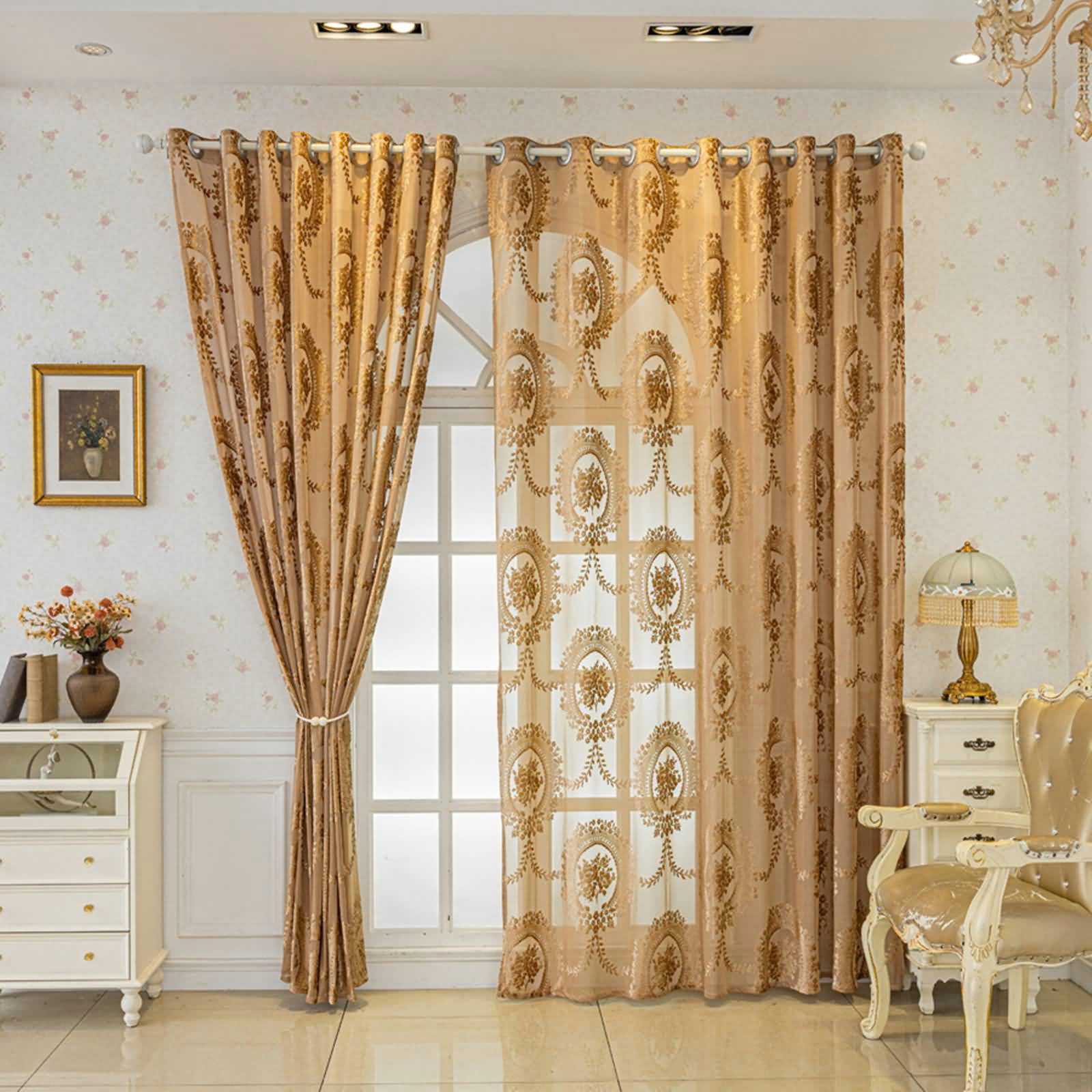 Vorhänge 2er Set, Vorhänge Lichtdurchlässig mit Floral Blattranken Muster Schlafzimmer Vorhänge H 274 x B 132 cm, Kaffee