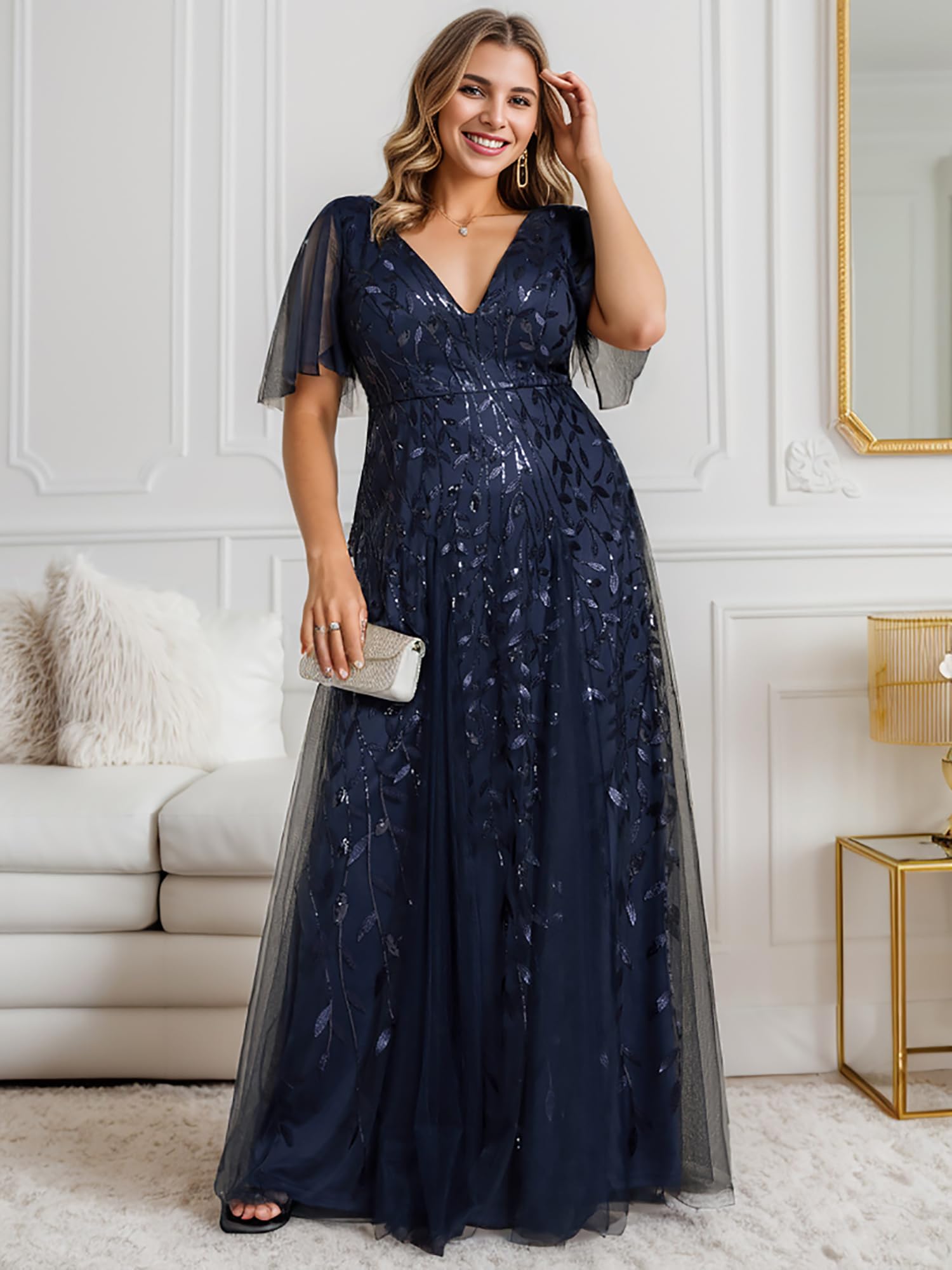 Ever-Pretty Abito formale da donna taglie forti con scollo a V una linea in tulle con paillettes 0734-DA, Blu navy, 56