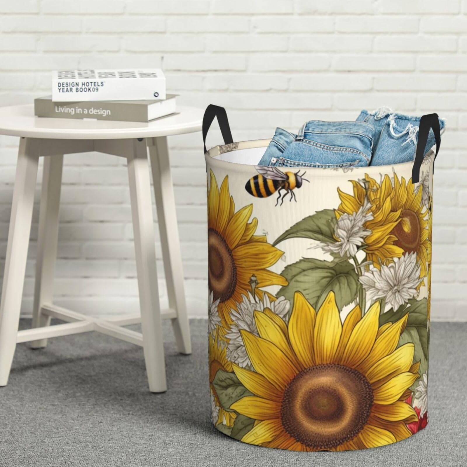 Fodpand Black Bees Sunflowers Daisy Rose Flowers Laundry Basket With Handle, Freestanding Laundry Hamper, Collapsible Dirty Clothes Hamper, Blanket Storage Basket Tall Toy Storage Bin Room Decor Small