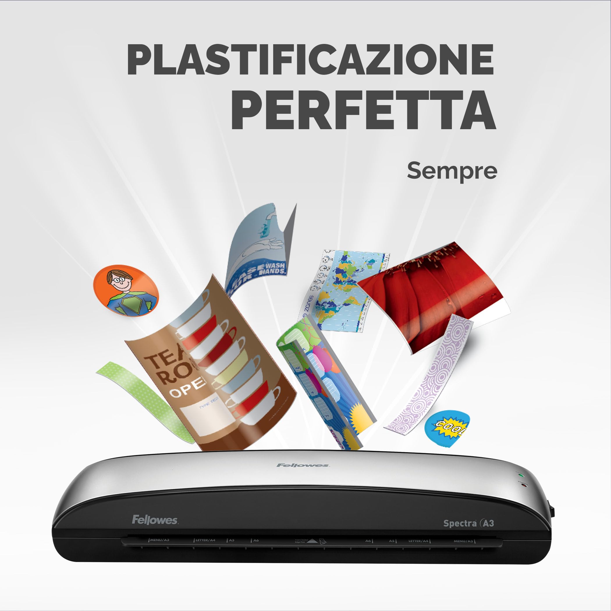 Fellowes plastificatrice Spectra A3, formato A3, fino a 125 Micron, per casa e ufficio, plastificatrice con leva di sblocco e modalità riposo, riscaldamento in 4 minuti, starter pack con 10 pouches