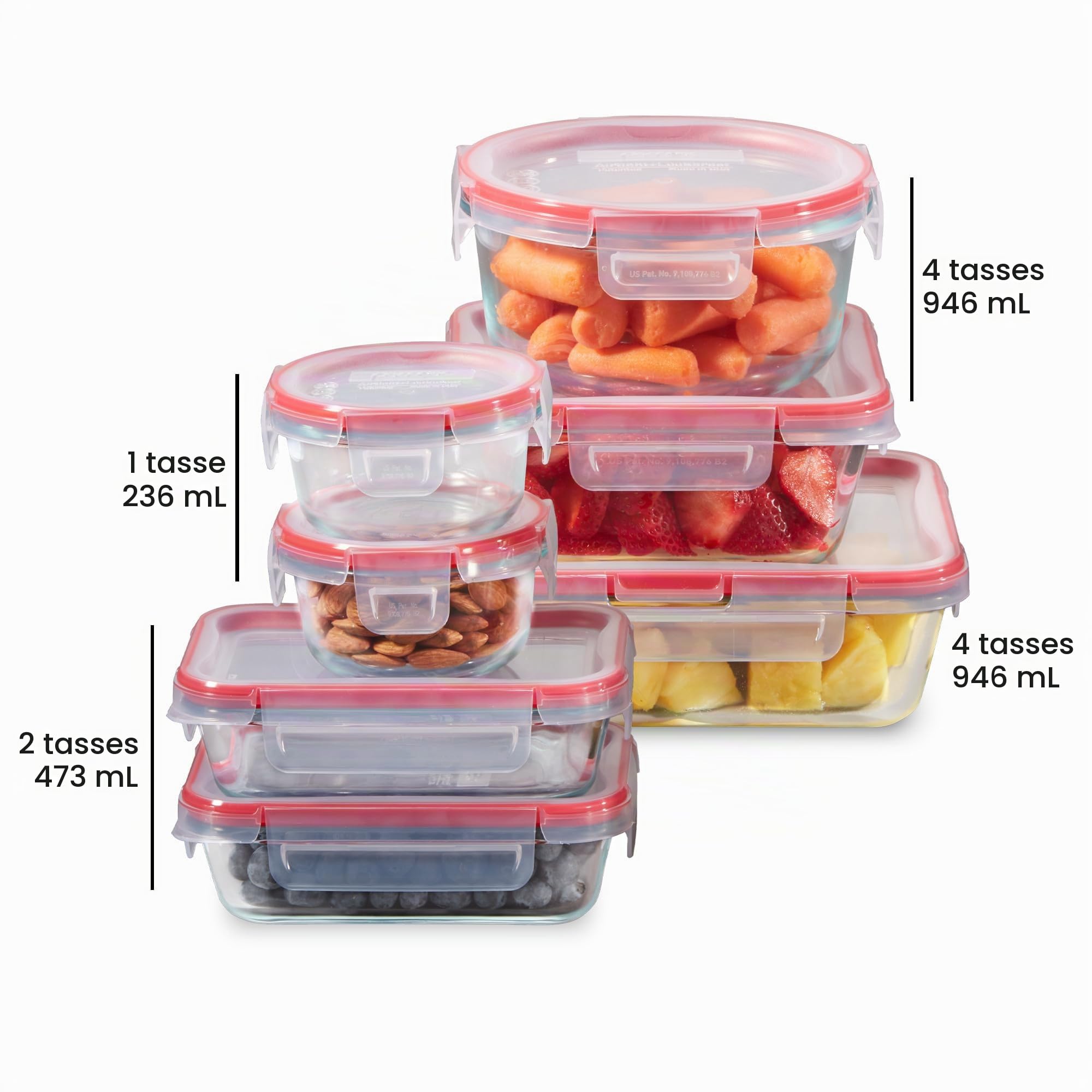 Pyrex Freshlock (Lot de 7) Ensemble de bocaux en verre pour conservation des aliments, (1, 2, 4 tasses) Couvercles hermétiques et anti-fuites avec verrouillage en plastique sans BPA, Ensemble de