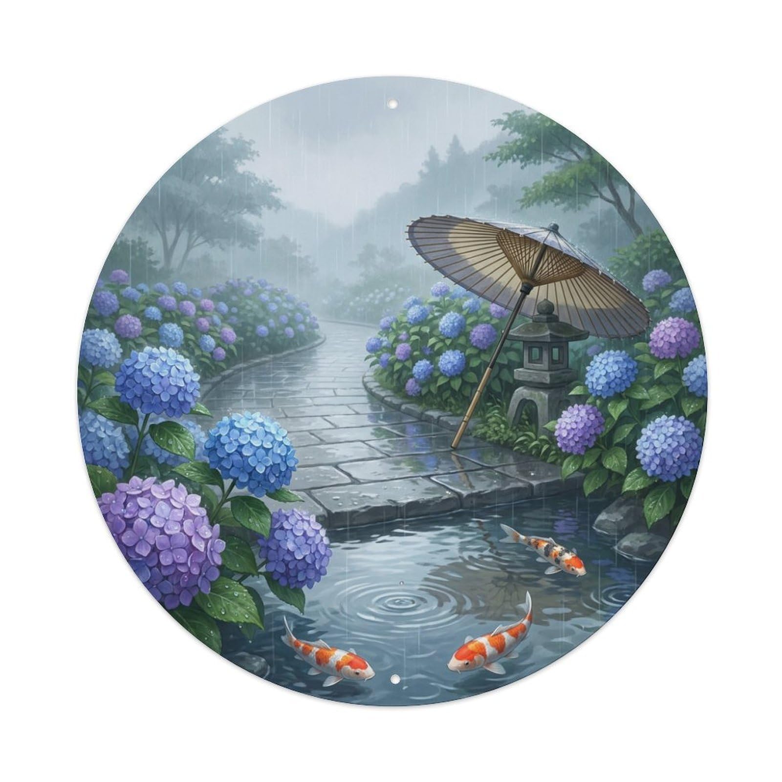 Galvaxio Style Japanese Hydrangea Path Koi Fish Rainy Season Metal Tin Sign