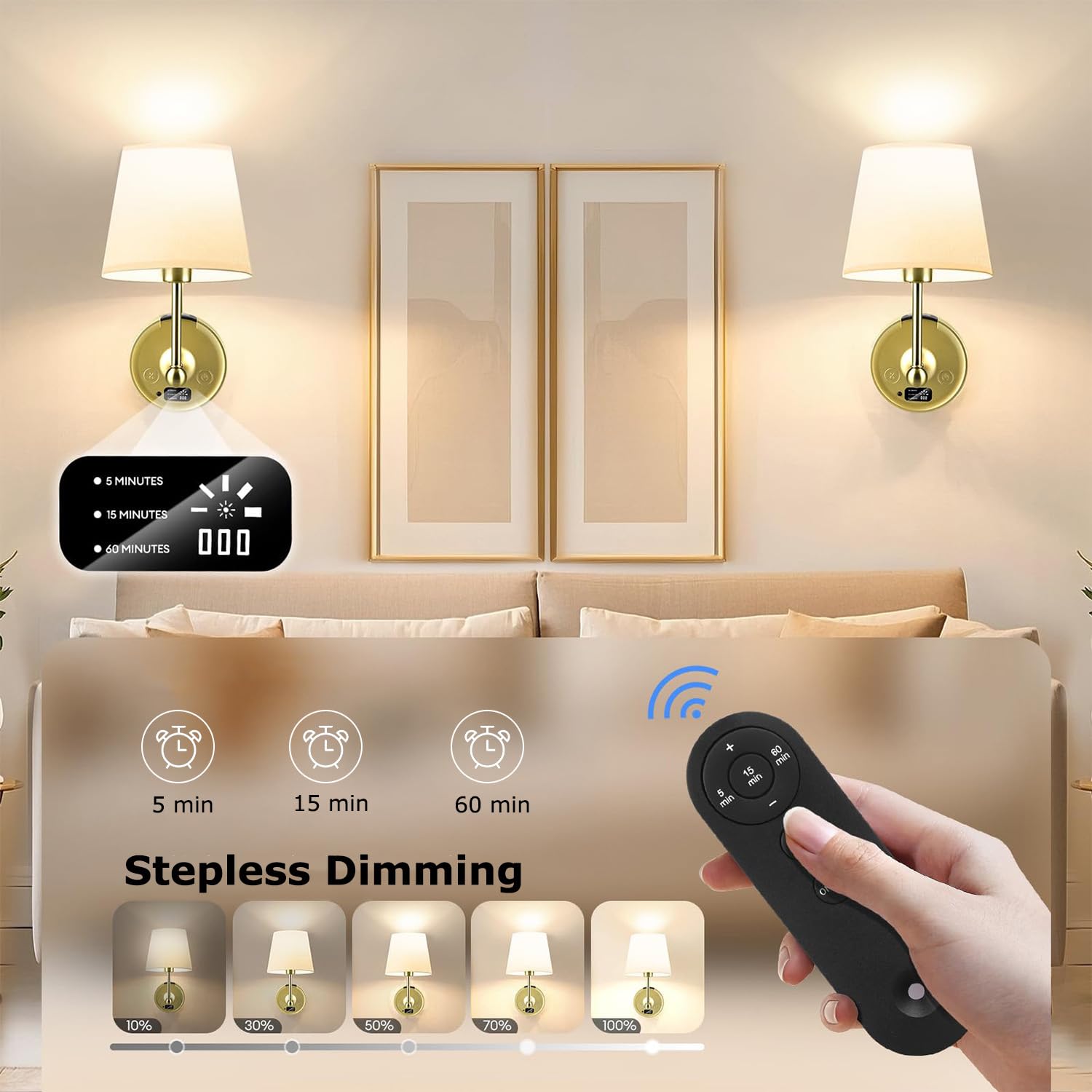 EaEa Aplique de Pared LED Inalámbrica Interior con Mando a Distancia, Lámpara de Pared RGB Recargable USB con Batería Extraíble de 4000 Mah, 15 Colores, Lámpara de Cabecero Regulable Sin Cable,1pack