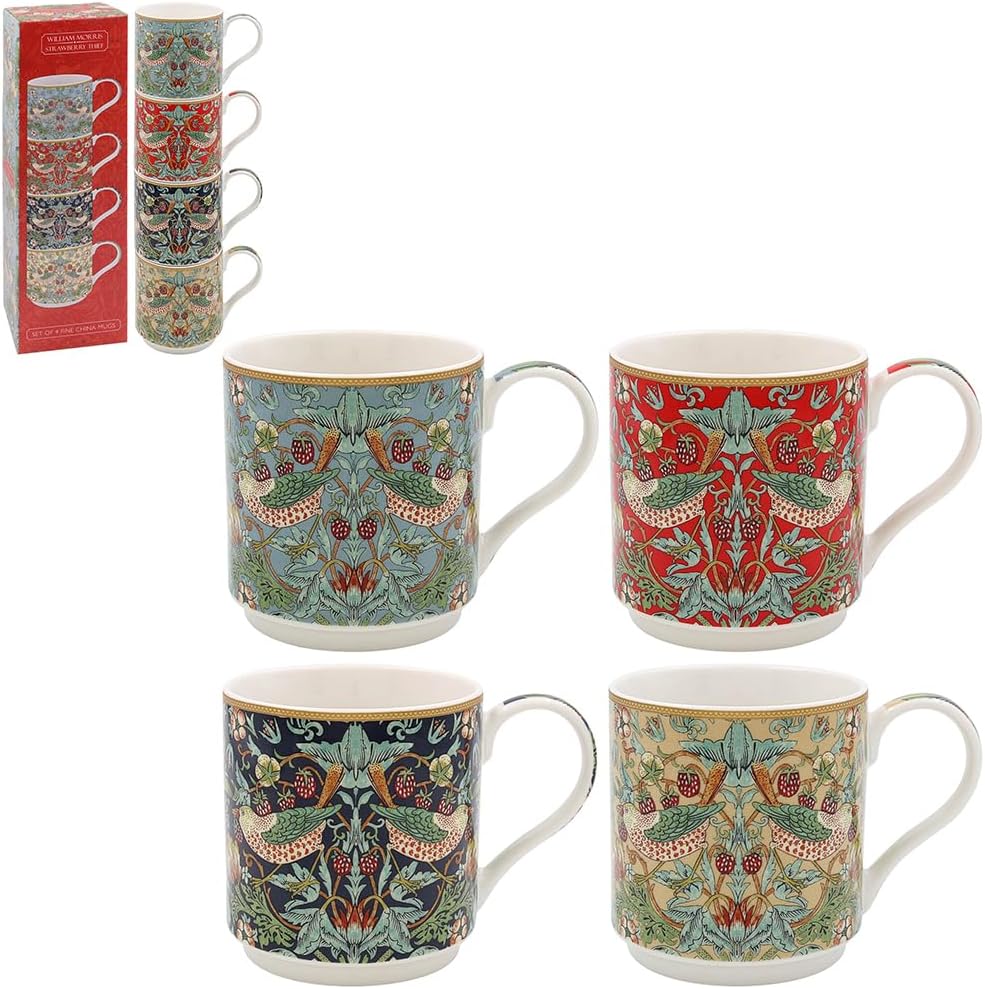 The Leonardo Collection Lesser & Pavey Set of 4 Stackable Mugs | British Designed Stacking Mugs for All Kitchens | Stacking Mugs for Modern Kitchens with Lovely Designs (S Berry Thief Stacking S4)