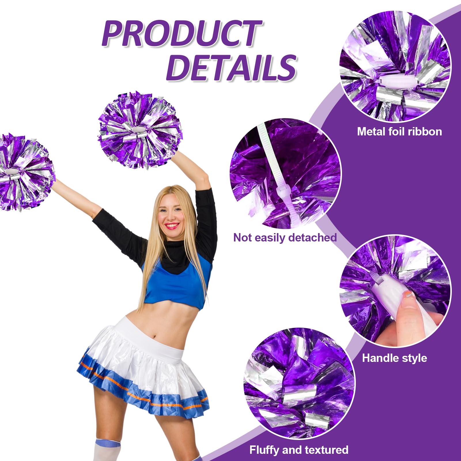 Pom Pon Cheerleader Metallizzati - 2 Pezzi Con Manico Antiscivolo Per Eventi Sportivi E Feste