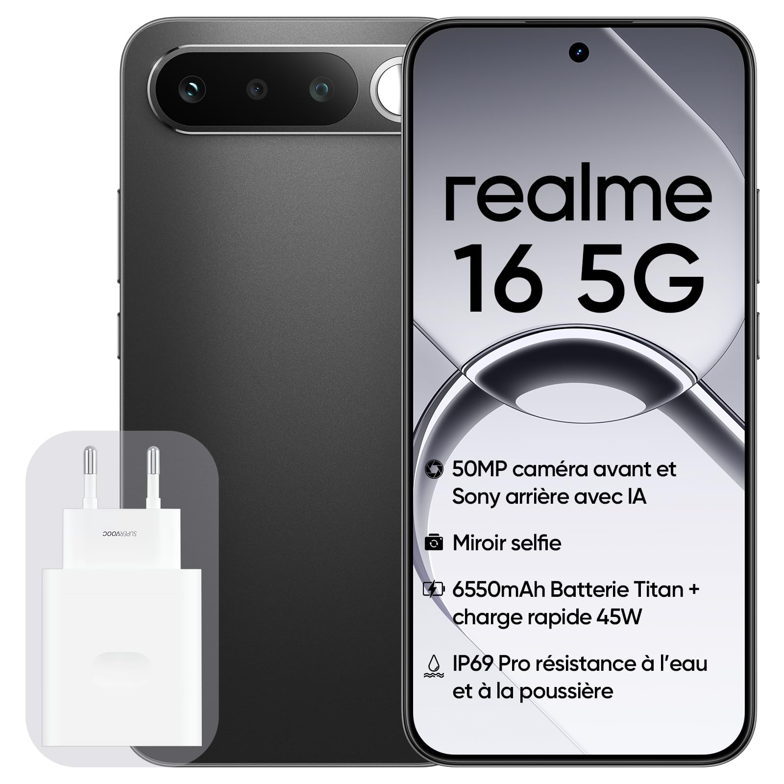 Smartphone realme 16 5G, 8GB+256GB, Écran AMOLED 120Hz 6,57", Batterie 6500mAh, Caméra 50MP Sony IMX852, Protection IP69K, Recharge Rapide 45W, Double SIM, Next IA, Noir