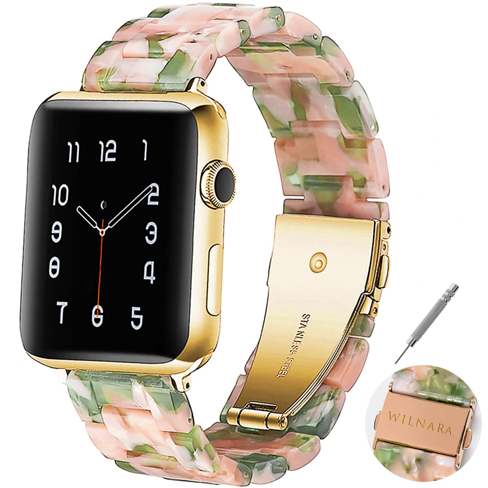 WILNARA Resin Band Compatible Apple Watch Bands 38mm 40mm 42mm 44mm for Women Men, Luxury Rose Gold Stainless Steel Metal and Vibrant Resin Wristbands Strap Bracelet for iWatch Series 6 5 4 3 2 1 SE