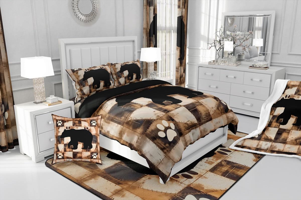 jejeloiu Rustic Bear Bedspread Wildlife Hunting Theme Bedspread for Kids Boys Girls Wild Animal Fur Coverlet Set Bear Paw Print Quilted Bedroom Collection 3Pcs Queen Size