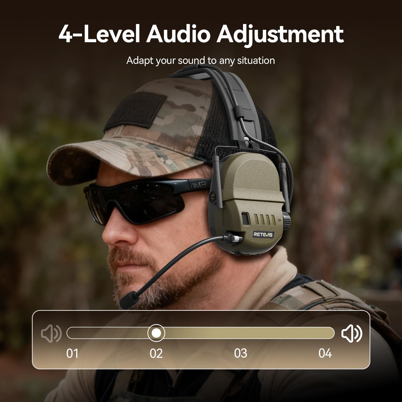 Retevis EH080K Taktisches Headset, Elektronisches Headset mit Geräuschunterdrückung und Tonaufnahme für die Jagd, Kabelloses Komfortables Kompatibel mit RT24, RT27, H777, RA89, RT85, RT86 (1 Stück)