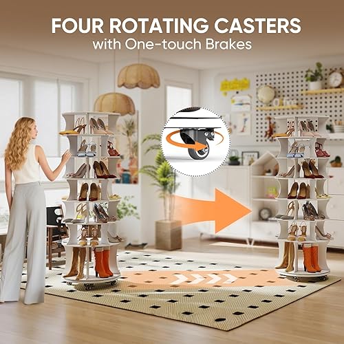 Miniatura 4 de Zapatero giratorio de 7 niveles con ruedas, almacenamiento de zapatos giratorio de 360 grados, carrusel redondo Lazy Susan, zapatero giratorio