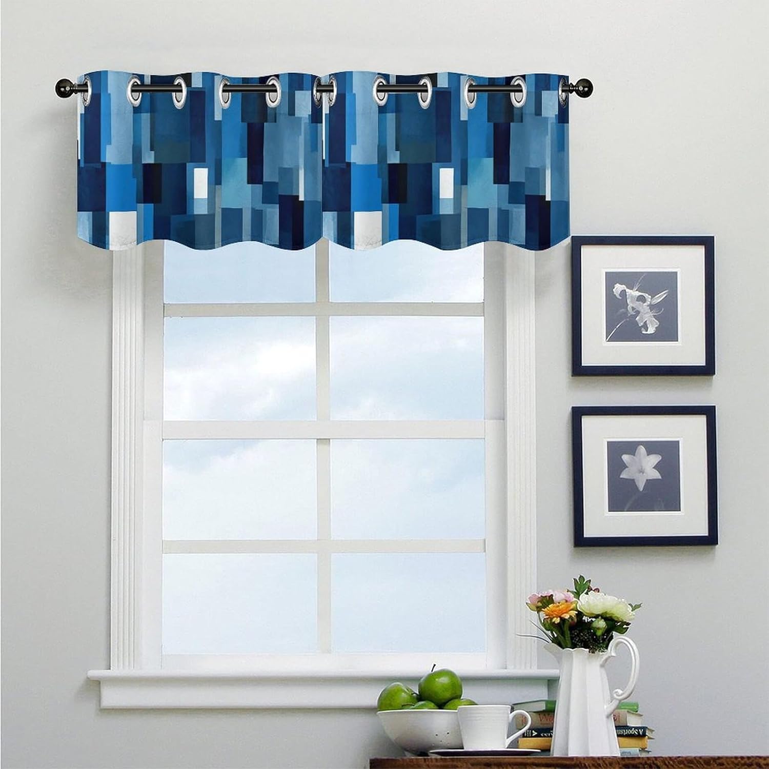 Blue Pattern Valance for Windows, 2 Pack Kitchen Curtains Modern Home Decor, Soft Blackout Window Curtains for Living Room & Bedroom, 18 X 52 Inch