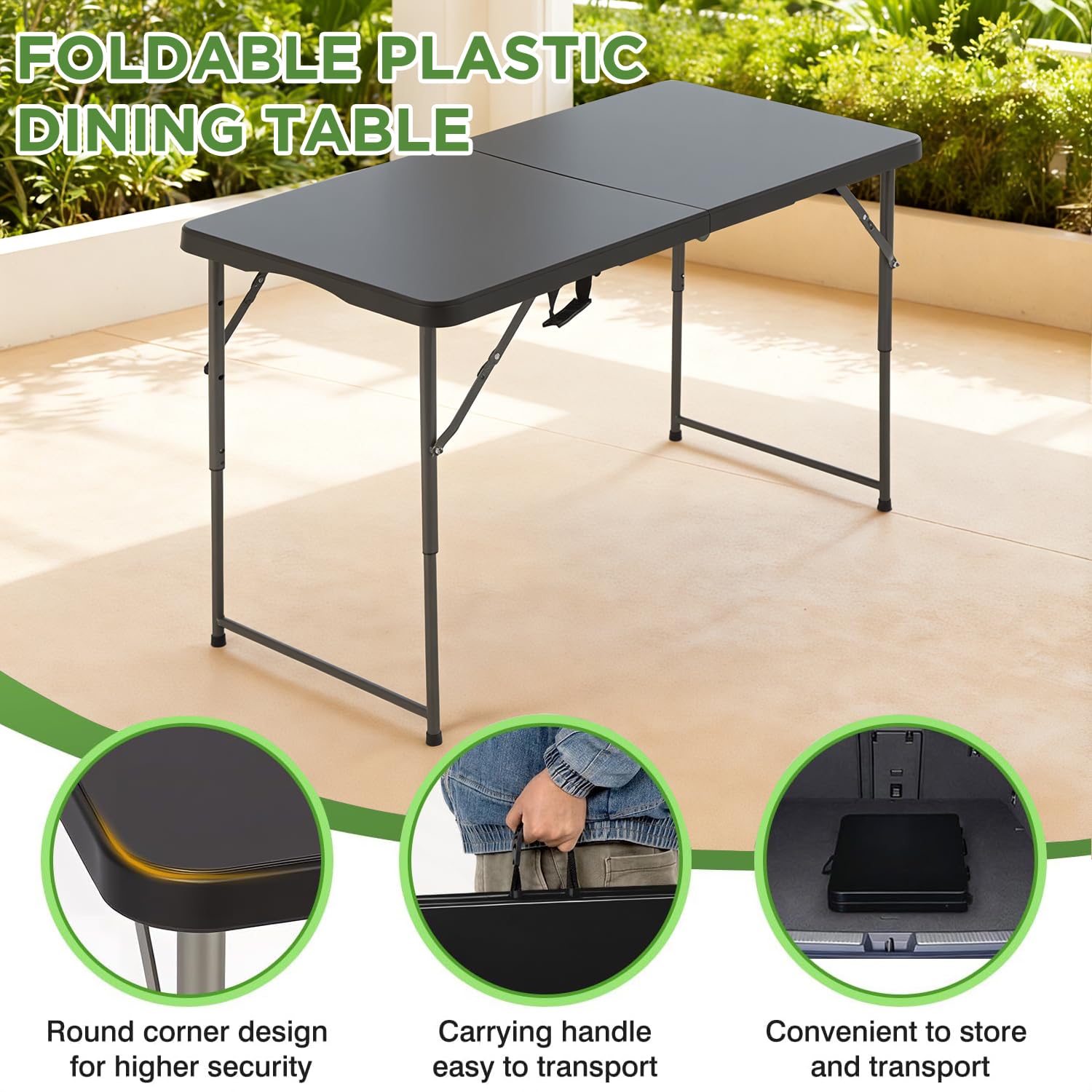 BestOffice 4 FT Picnic Table Folding Table Camping Plastic Table Fold Up Table Lock for Party Event, Black — view 7