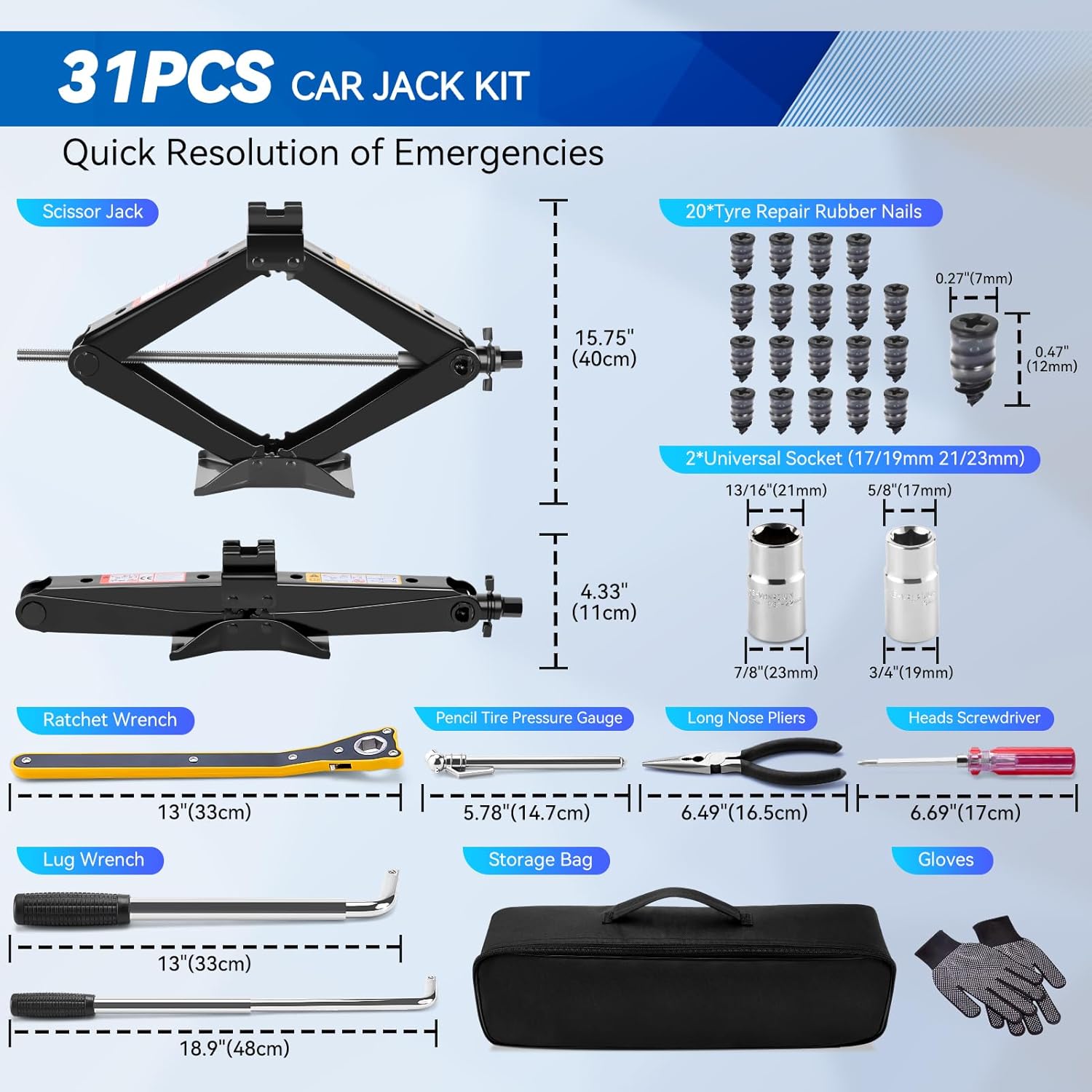 Car Jack Kit, 2 Ton (4409 lbs) Scissor Jack, Portable Tire Changing/Repairing Kit with Lug Wrench, Universal Fit for Sedans, Coupes, SUVs, MPVs, Hatchbacks, Crossovers, Wagons