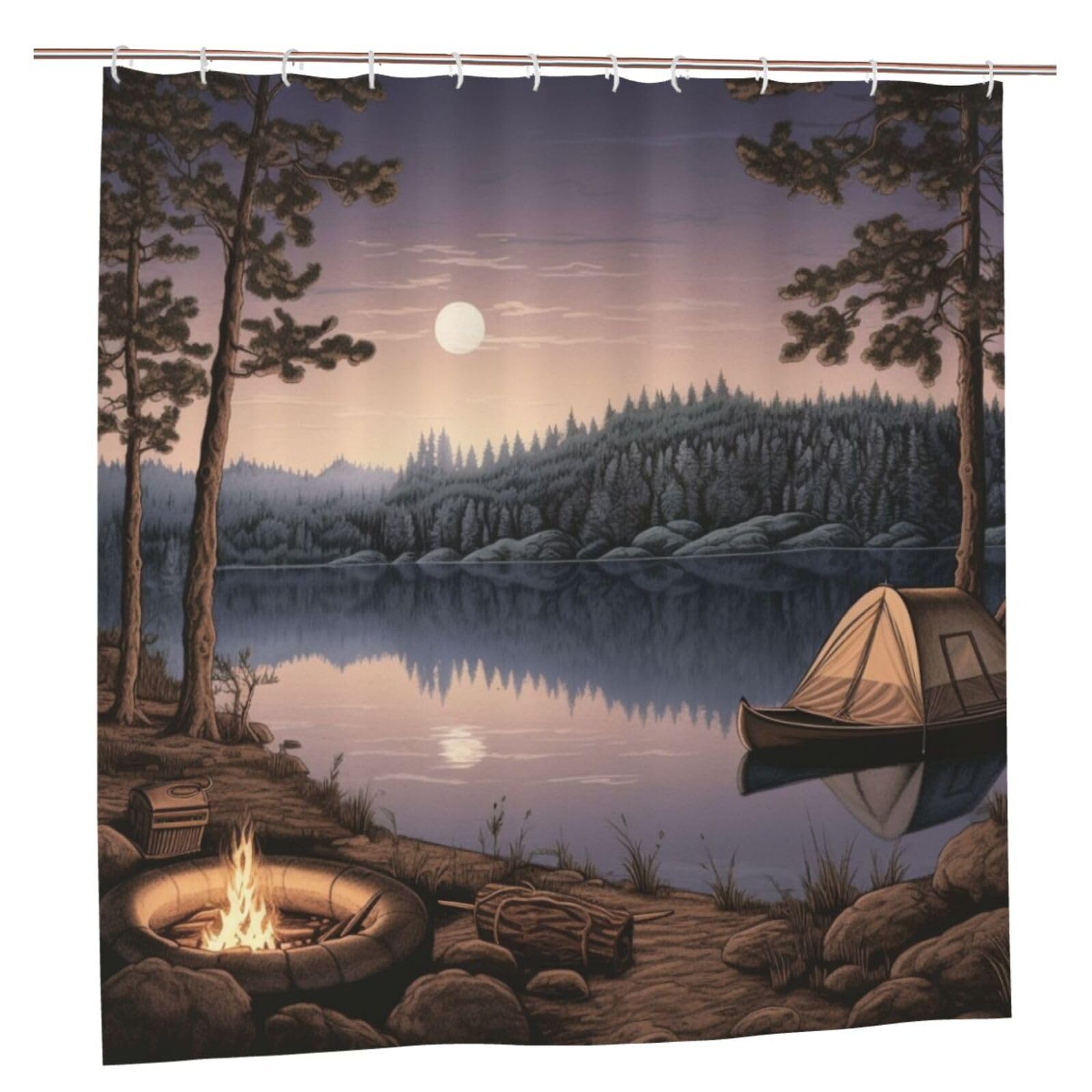 BWWHCCTI Lake Camping Printed Shower Curtain With 12 Plastic Hooks Opaque Quick Drying Waterproof Shower Curtains Sets For Bathroom 183x183 CM