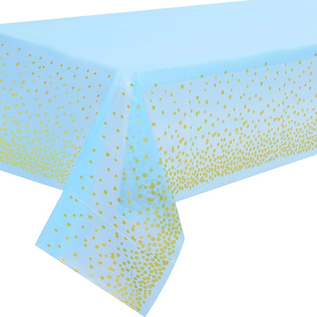Duocute 2 Pack Blue and Gold Party Tablecloth Disposable for Rectangle Table, Gold Dot Confetti Rectangular Plastic Table Cover, for Baby Shower, Boy Birthday, Tea Party, 137cm x 274cm