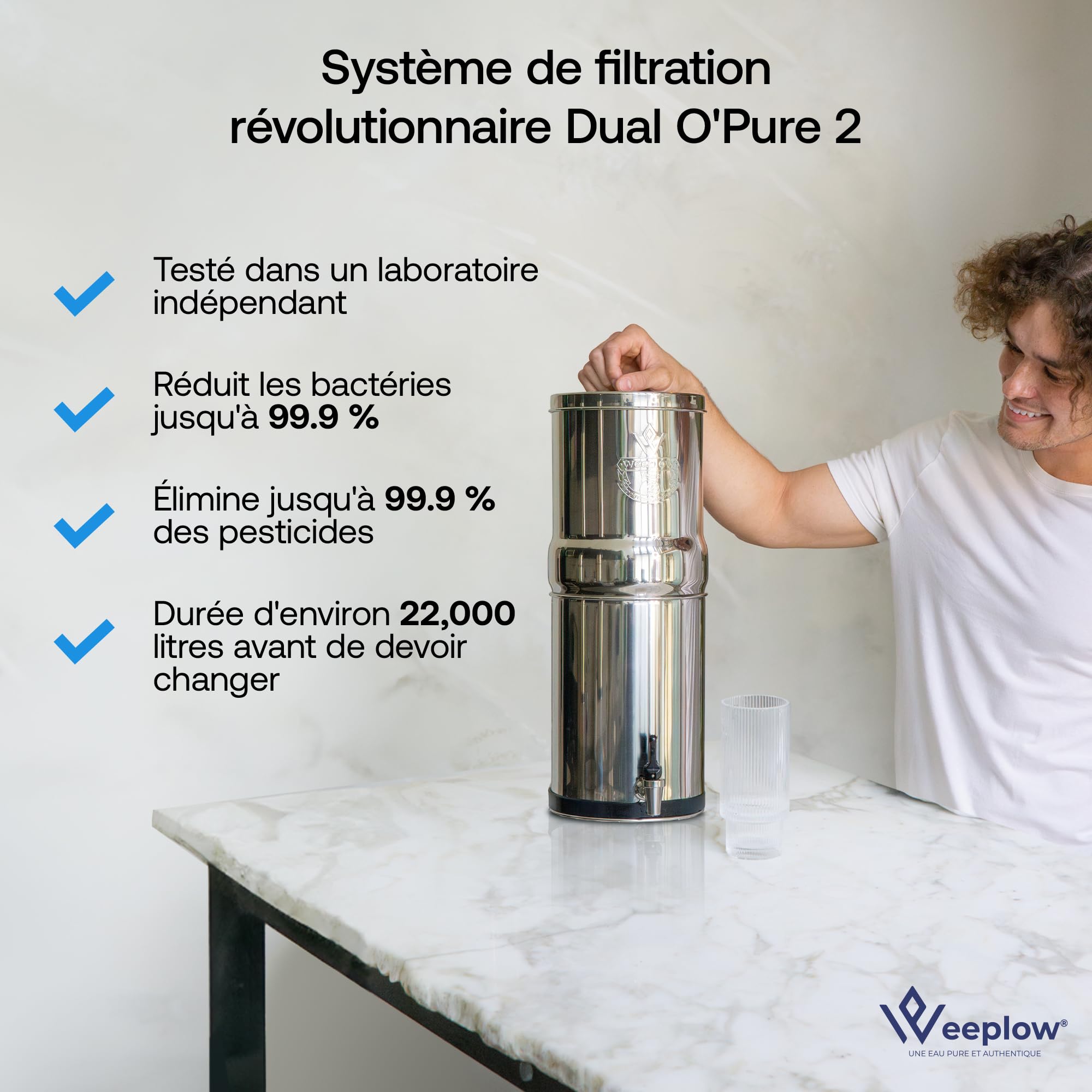 Weeplow® Venus ECO - Système de Filtration d'Eau par Gravité 5.6L Litres AISI 304 avec 2 Eléments de Purification O'Pure 2 Et Robinet 100% Inox (Inox, 5.6L ECO)