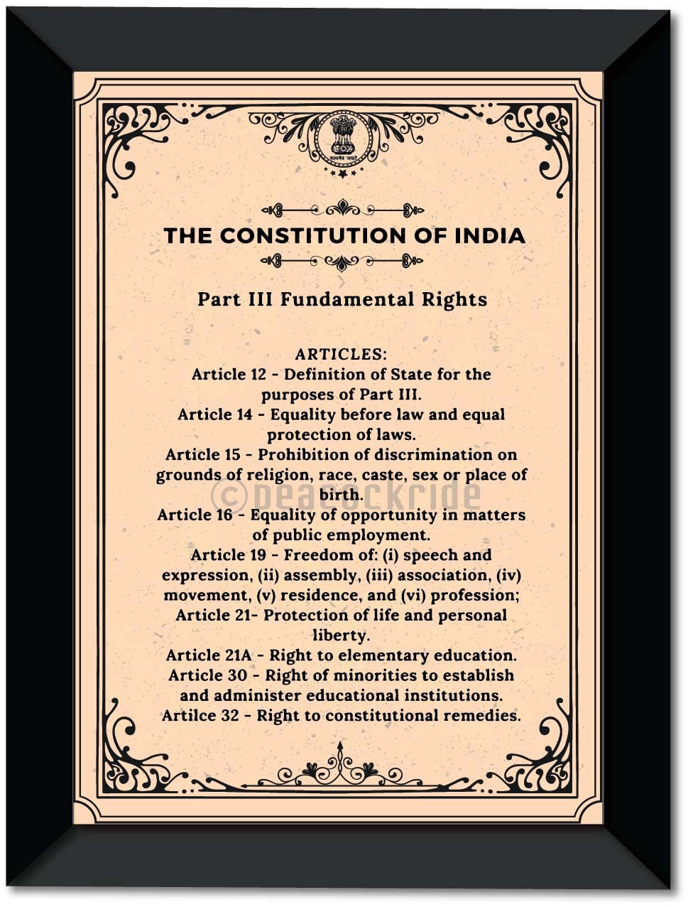 PEACOCKRIDE Matte Frame The Constitution of India I Fundamental Rights