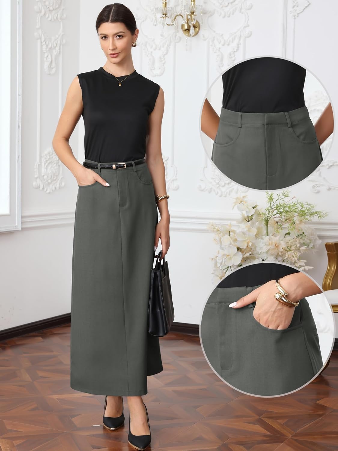 Allegra K Pencil Long Skirt for Women's High Waist Pockets Work Office Midi Bodycon Skirts