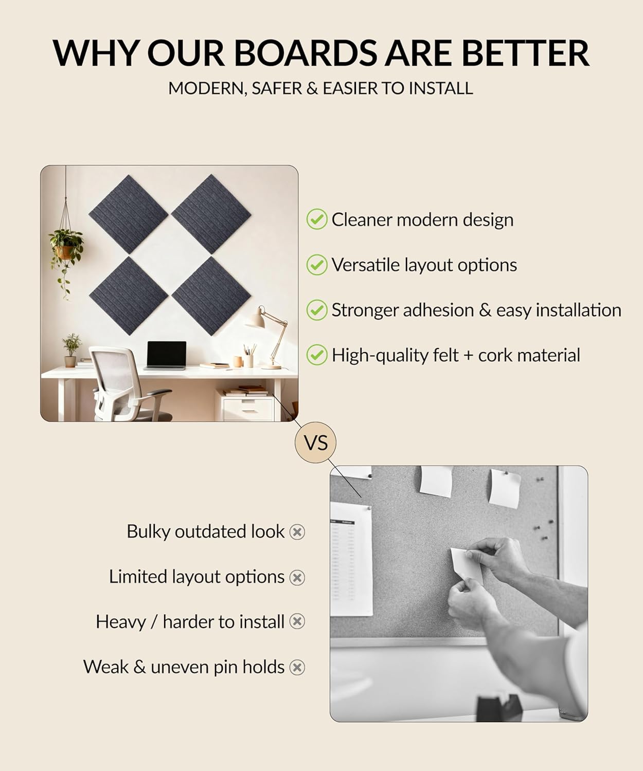 Large Cork Board Alternative 48" x 36" with Push PINS & Wall Safe Adhesive Tabs – Push pin Board for Walls in Home or Office, Felt Bulletin Board Tiles, Versatile Felt Board Layout, Smoky Grey