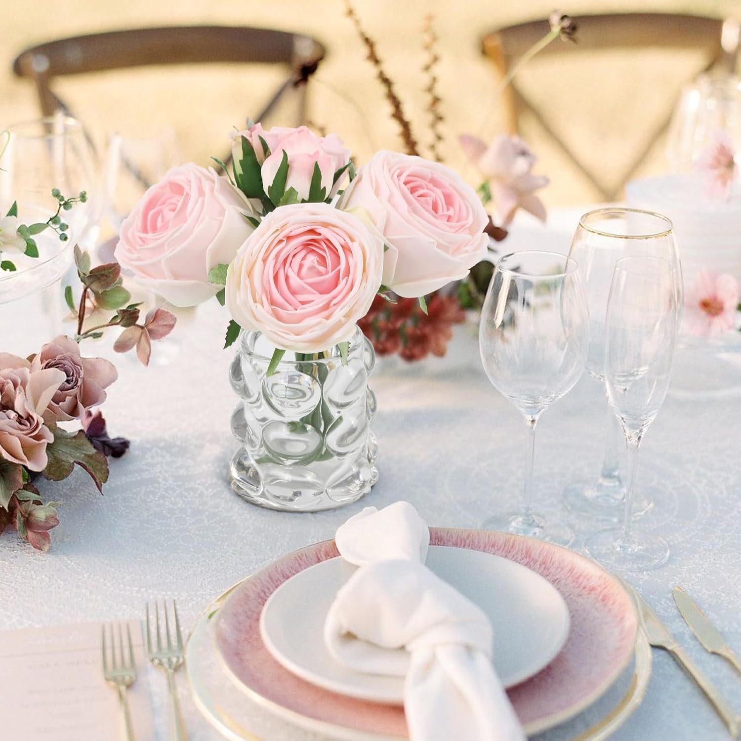 IPOPU Artificial Roses,Real Touch Pink Fake Flowers in Vase Faux Roses with Stems for Wedding Home Dining Table Centerpiece Decor(Pink) - Image 2